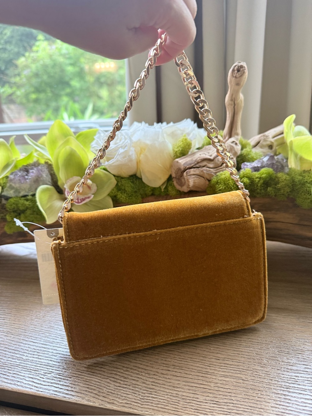 Velvet Chain-Handle Shoulder Bag in Mustard